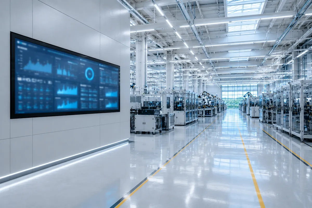 Wall of production dashboards inside a manufacturing plant