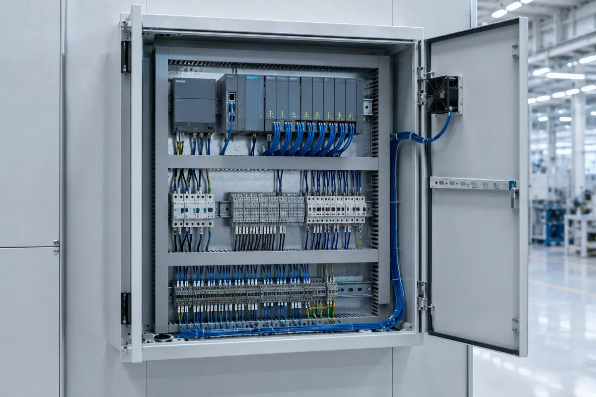 Industrial network cabinet linking PLCs, OPC servers, and enterprise systems