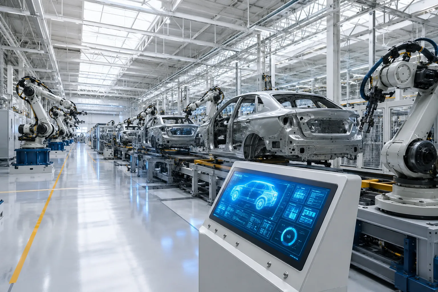 Factory floor with wall-mounted production dashboards above the assembly line
