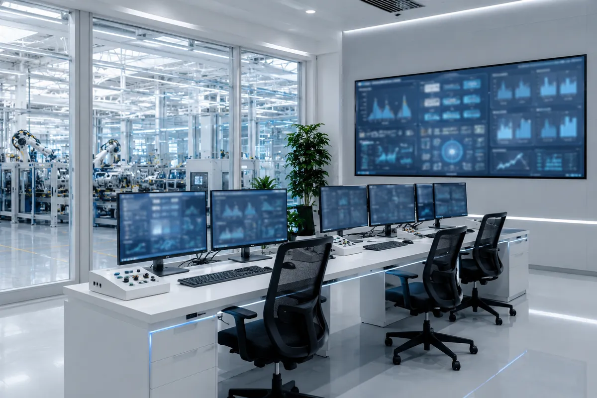 Control room wall with live production dashboards and Andon displays